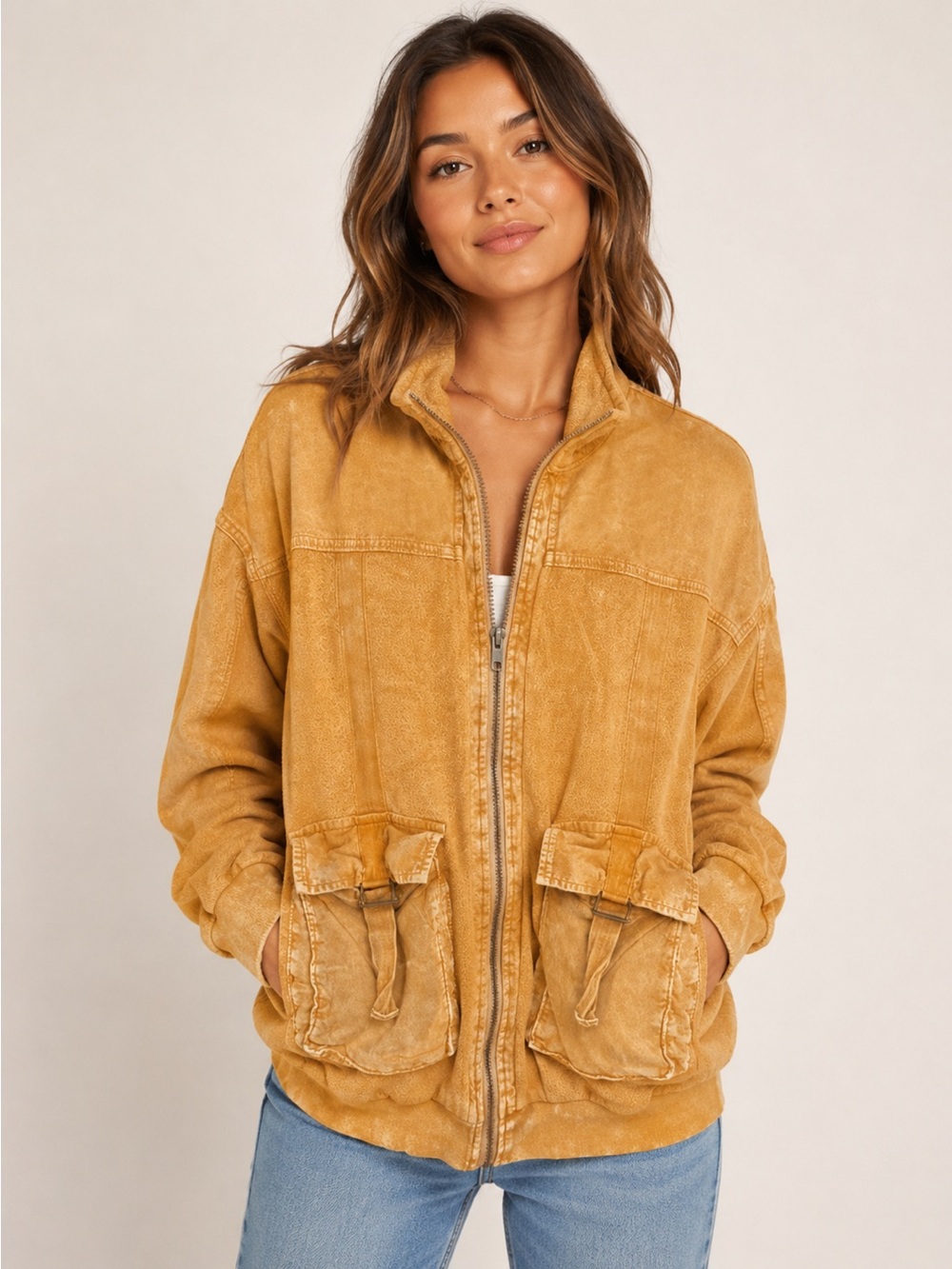 Forever 21 Jacket Womens L Yellow Good Faux Suede Zip Utility Pocket High Neck